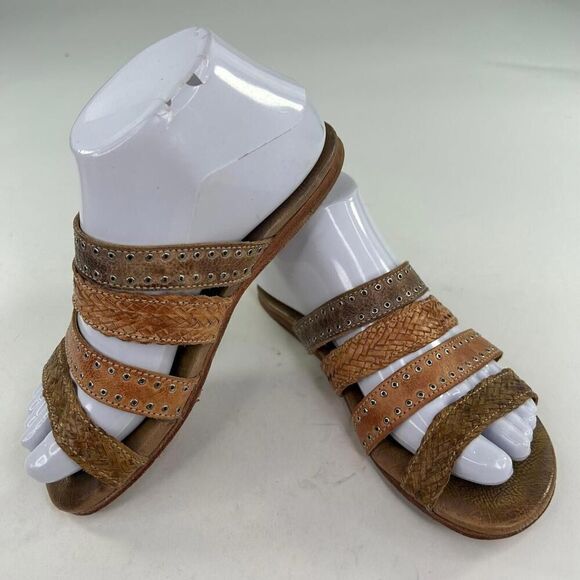 Bed Stu Henna Women's Sandals US 6.5 Brown Strappy Woven Leather Studded Slide - Picture 3 of 11